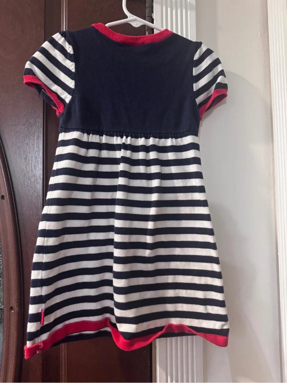 L.C WaikikiGirls Navy & White Striped Knit Dress with Red Trim and Heart Pockets